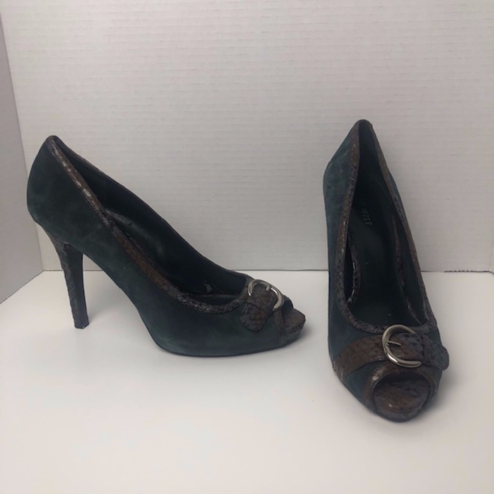 Nine West Teal Suede Peep Toe Pumps | Size 9.5